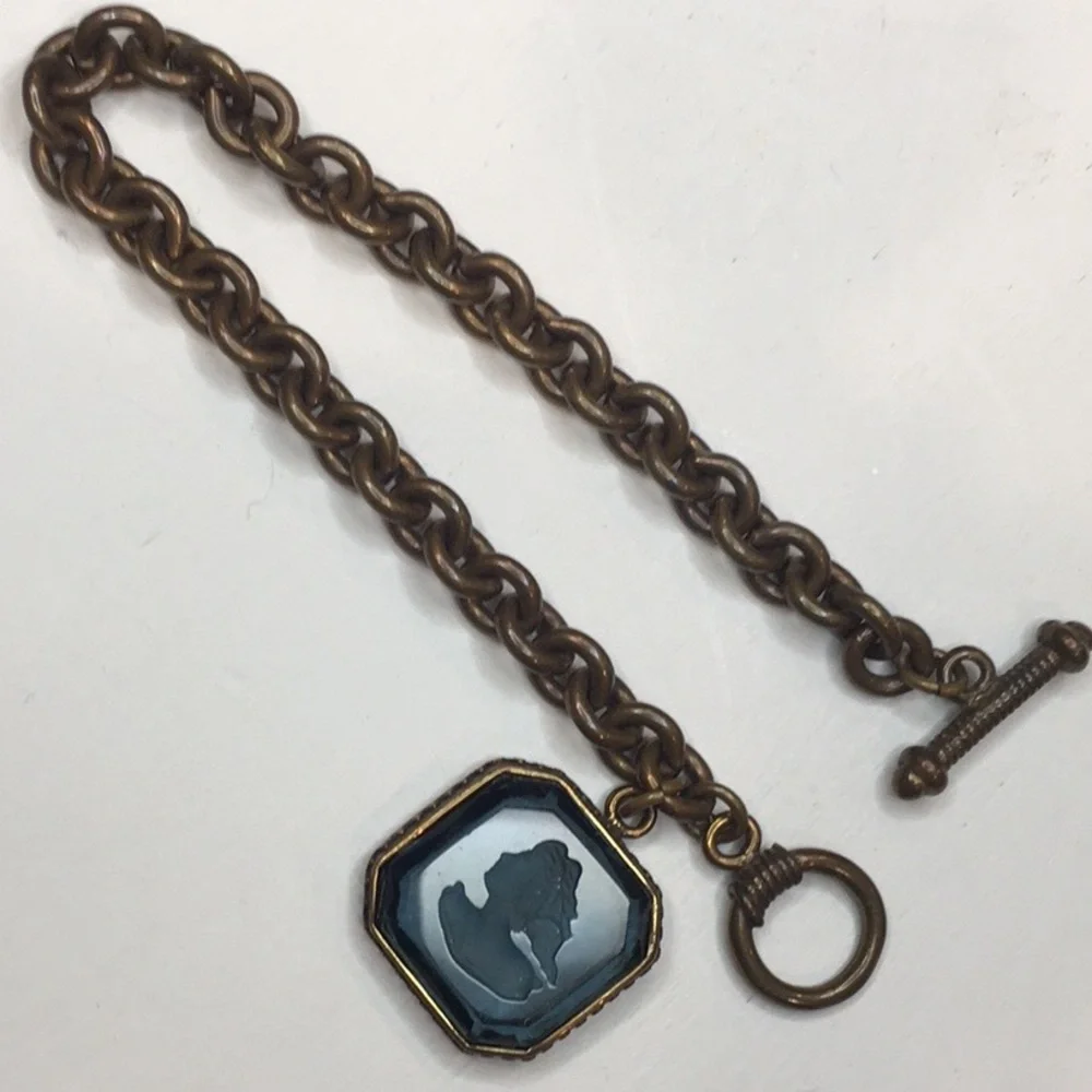 Blue & Antiqued Gold Chain Link Bracelet w/ Square Gemstone